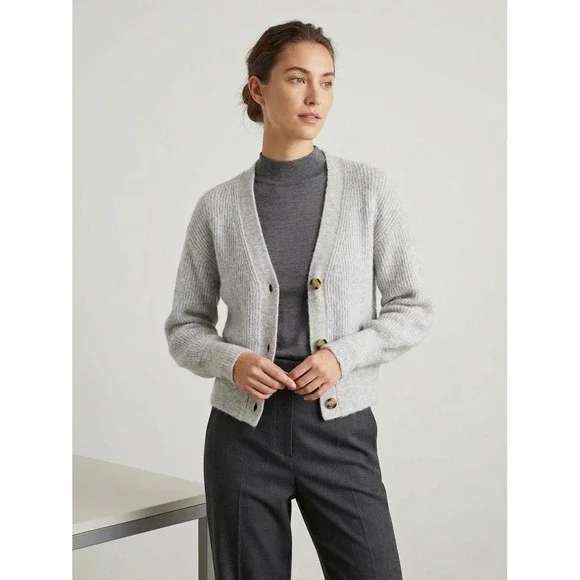 Quince Alpaca Wool Blend Ribbed Cardigan Sweater Light Gray Size Medium - Picture 1 of 6